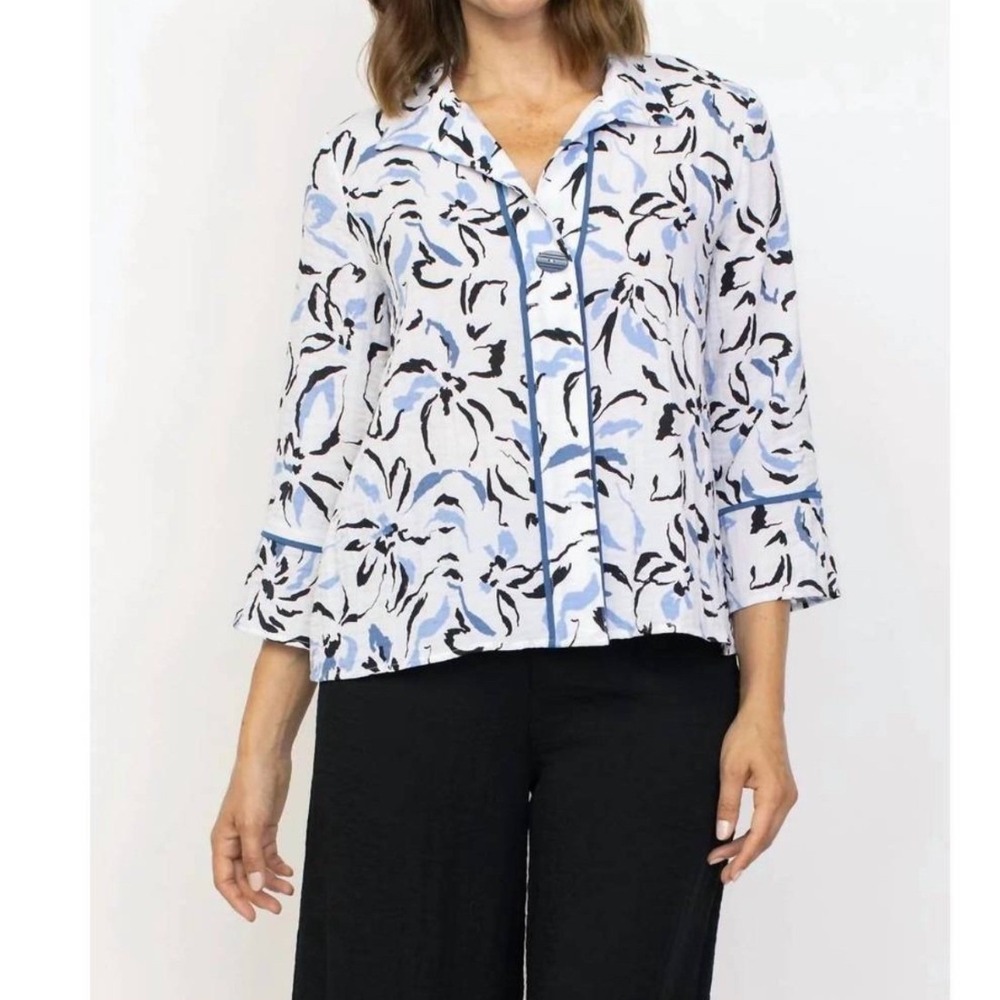 Habitat Hidden Placket Shirt Twilight Blue Floral Crinkle Top XXL Artsy NEW